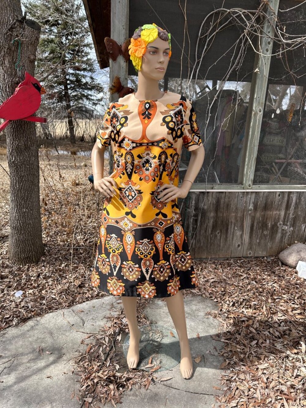 60s 70s TREVIRA Midi Shirt Dress Abstract Print Funky Southwestern Yellow Beige